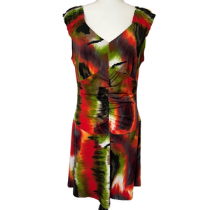 Frank Lyman Design Ruched Sleeveless Drop Waist V Neck Allover Print Dress M Y2K